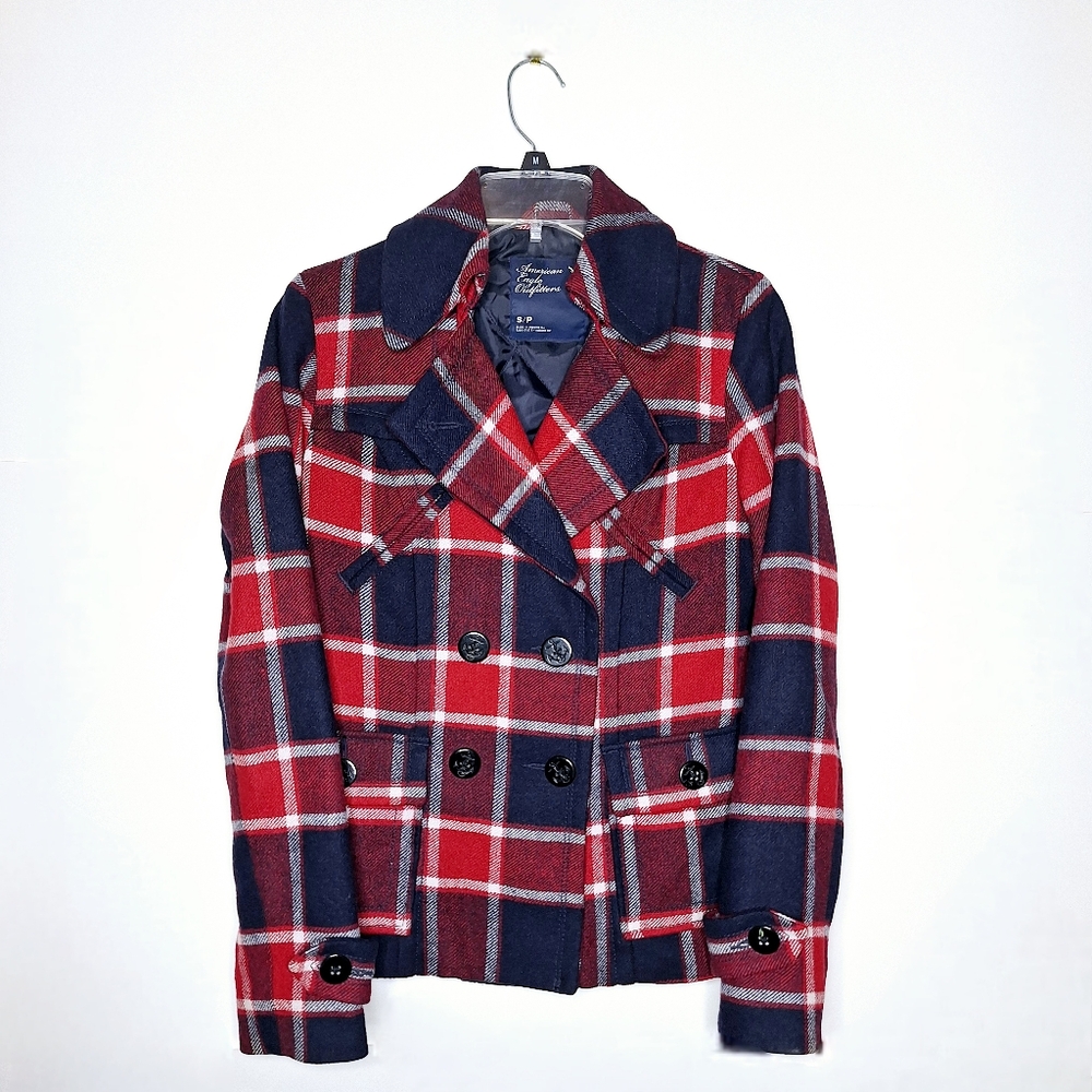 American Eagle Outfitters brand "Plaid in A Peacoat" Fall and Winter pea coat.